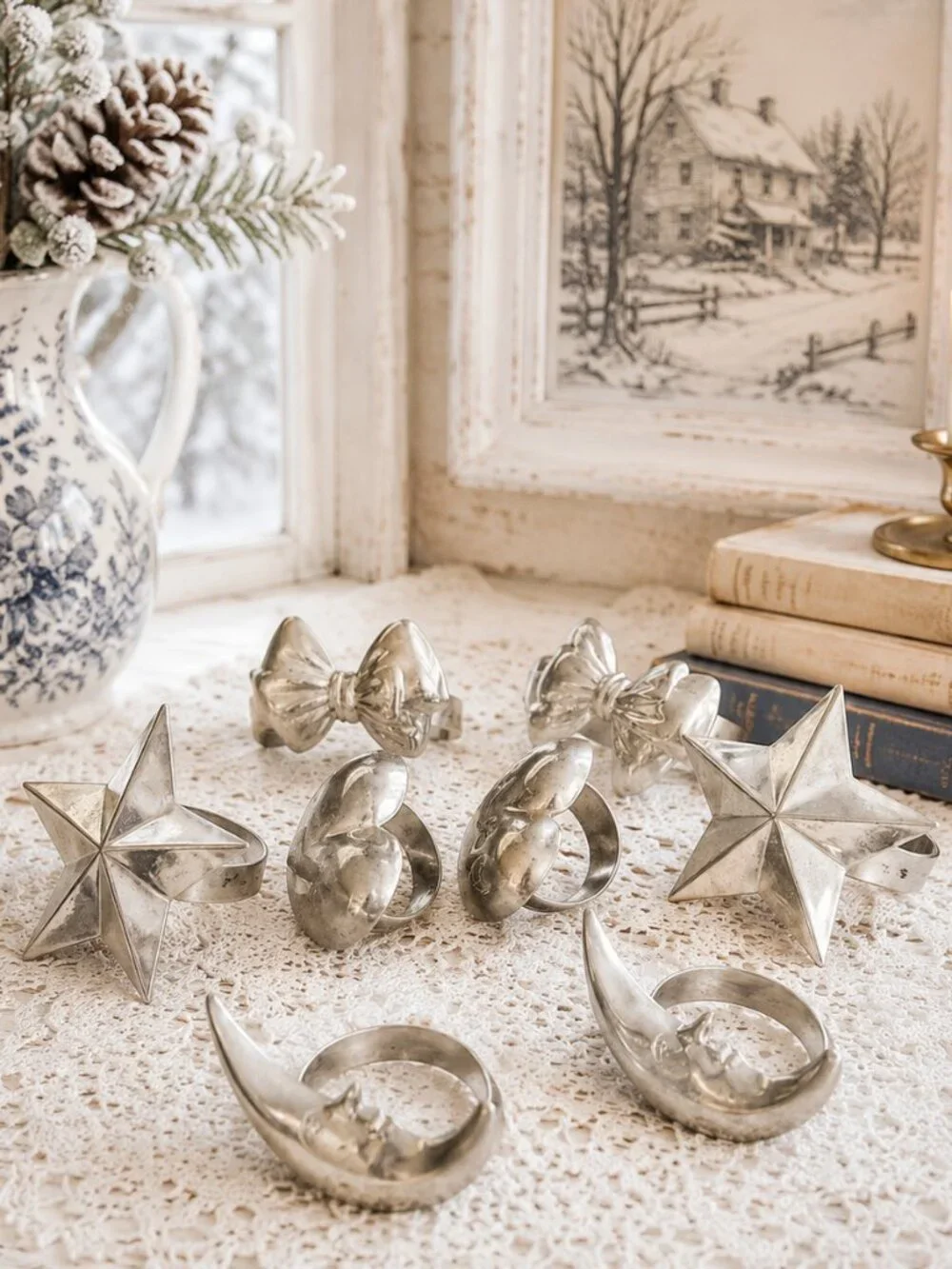 8 Rare Vintage Whimsical Celestial & Western Shapes Silver Plated Napkin Rings